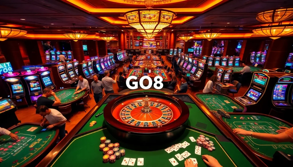 GO8 casino gaming scene with players at roulette and poker tables, showcasing thrilling betting action under vibrant lights.