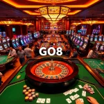 GO8 casino gaming scene with players at roulette and poker tables, showcasing thrilling betting action under vibrant lights.
