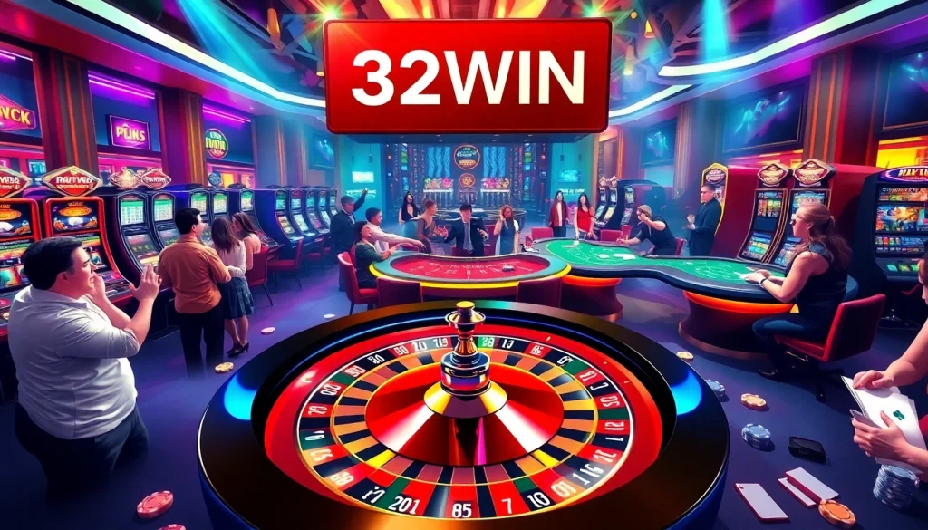 Experience the excitement of 32WIN in a lively casino setting with roulette, blackjack, and poker tables.