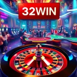 Experience the excitement of 32WIN in a lively casino setting with roulette, blackjack, and poker tables.