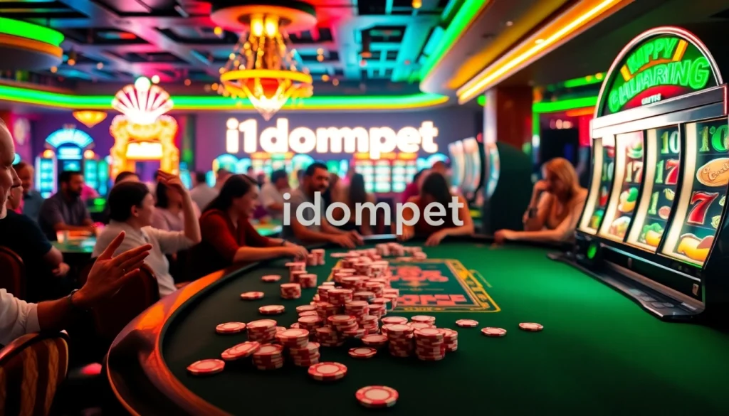 i1dompet casino scene featuring a lively poker game with colorful chips and excited players.