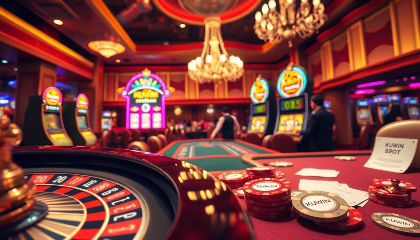 Exciting casino scene with players engaging at tables, featuring 'KUWIN' on poker chips and vibrant slot machines.