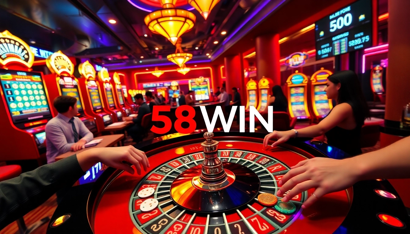 Experience the thrill of gaming at 58WIN with roulette, chips, and vibrant casino activity.
