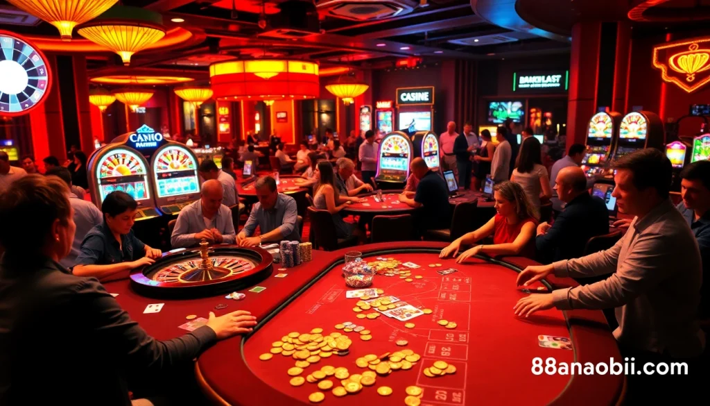 Experience excitement with players at casino tables at https://88aamobi.com/ enjoying high-stakes poker and roulette.
