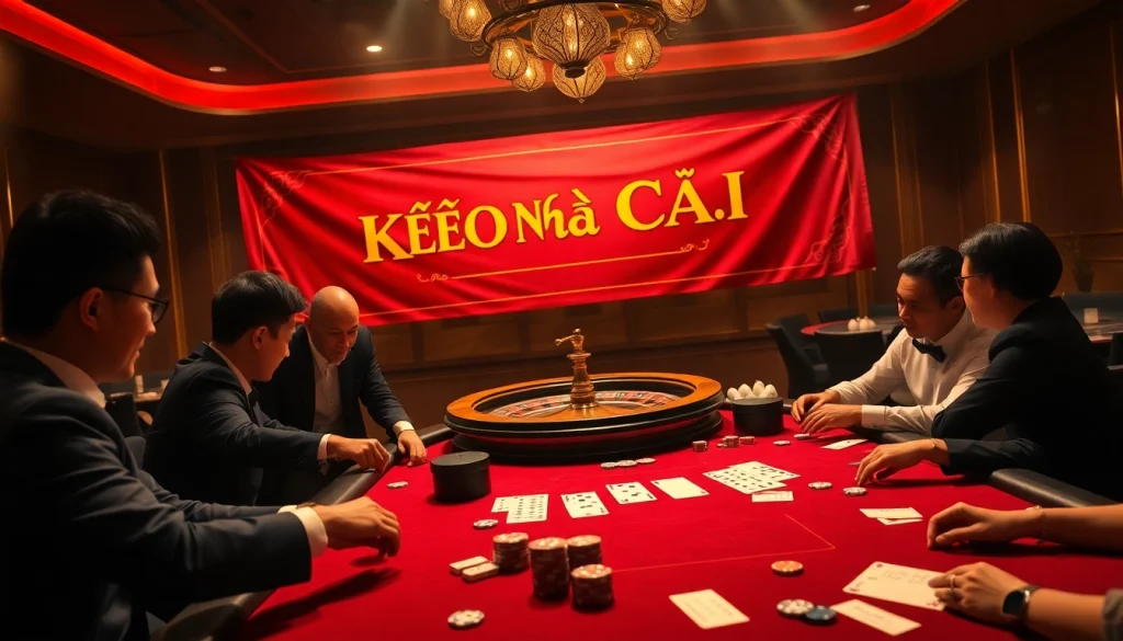 Experience Kèo Nhà Cái excitement at a vibrant casino poker table with intense players and spinning roulette.